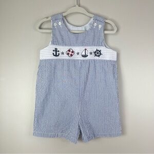 GoodLad Baby Boy 12M Blue & White Striped Smocked Nautical Seersucker Shortalls